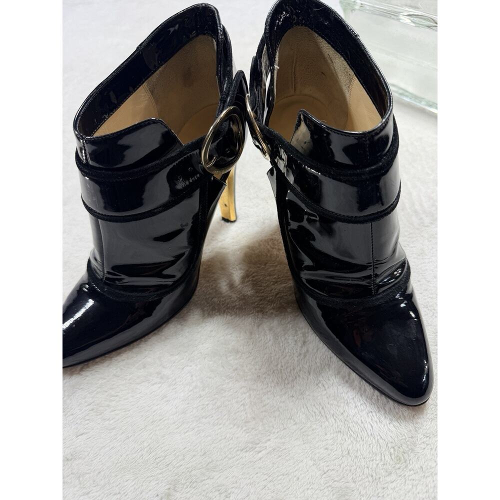Jimmy Choo Ankle Boots 37 Black Patent Leather Cutout Gold Buckle Stiletto Italy - Picture 3 of 13